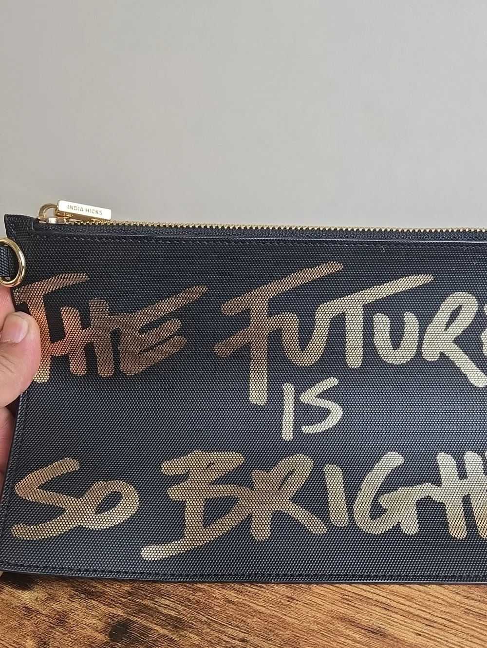 India Hicks Flat Pouch “The Future is so Bright”Metallic Gold Clutch Wristlet